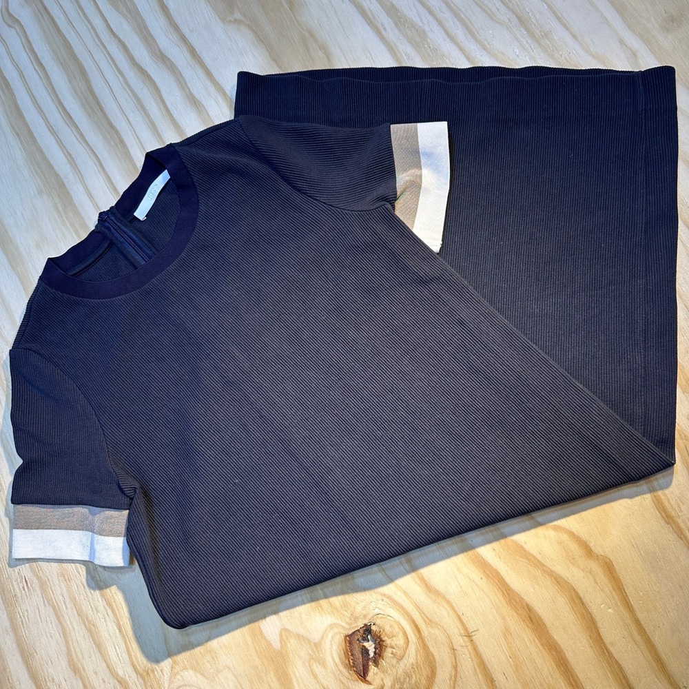 BOSS Hugo Boss Navy Blue Ribbed Knit Sheath Dress Short Sleeve Size 4
